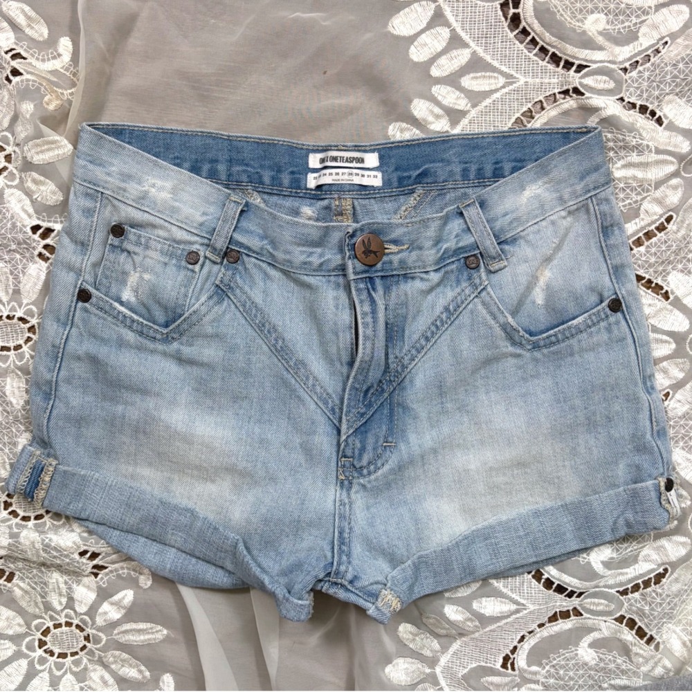 One Teaspoon Hawks Blue Denim Shorts High Rise Twisted Cuff Distressed Size 28